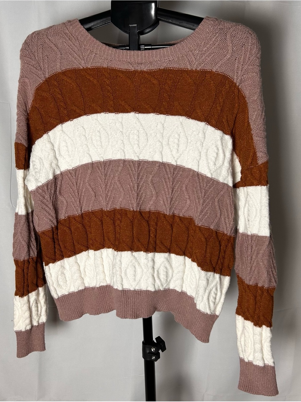 Pink Lily Striped Cable Knit Sweater - Mauve, Rust & Cream